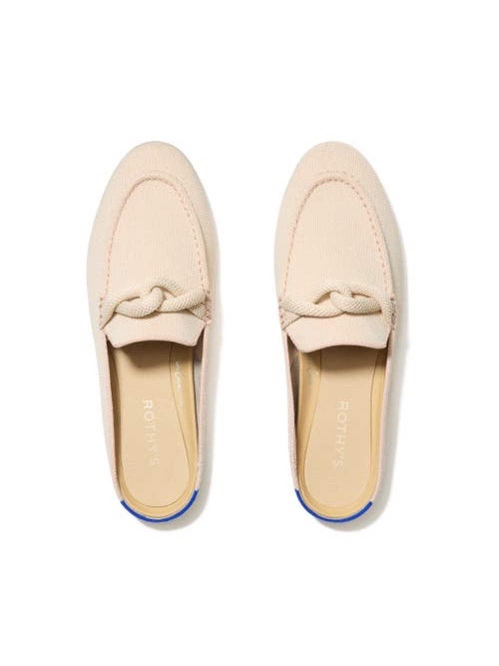 Rothy's Blush Knit Braided Slip-On Mules with Blue Heel Accent